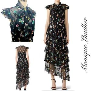 Monique Lhuillier Black Sheer Floral Tiered Midi Dress